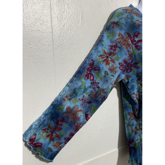 Vtg St Johns Bay Crop Top Women Size M Floral Lace Watercolor Print 3/4 Sleeve - Picture 4 of 8